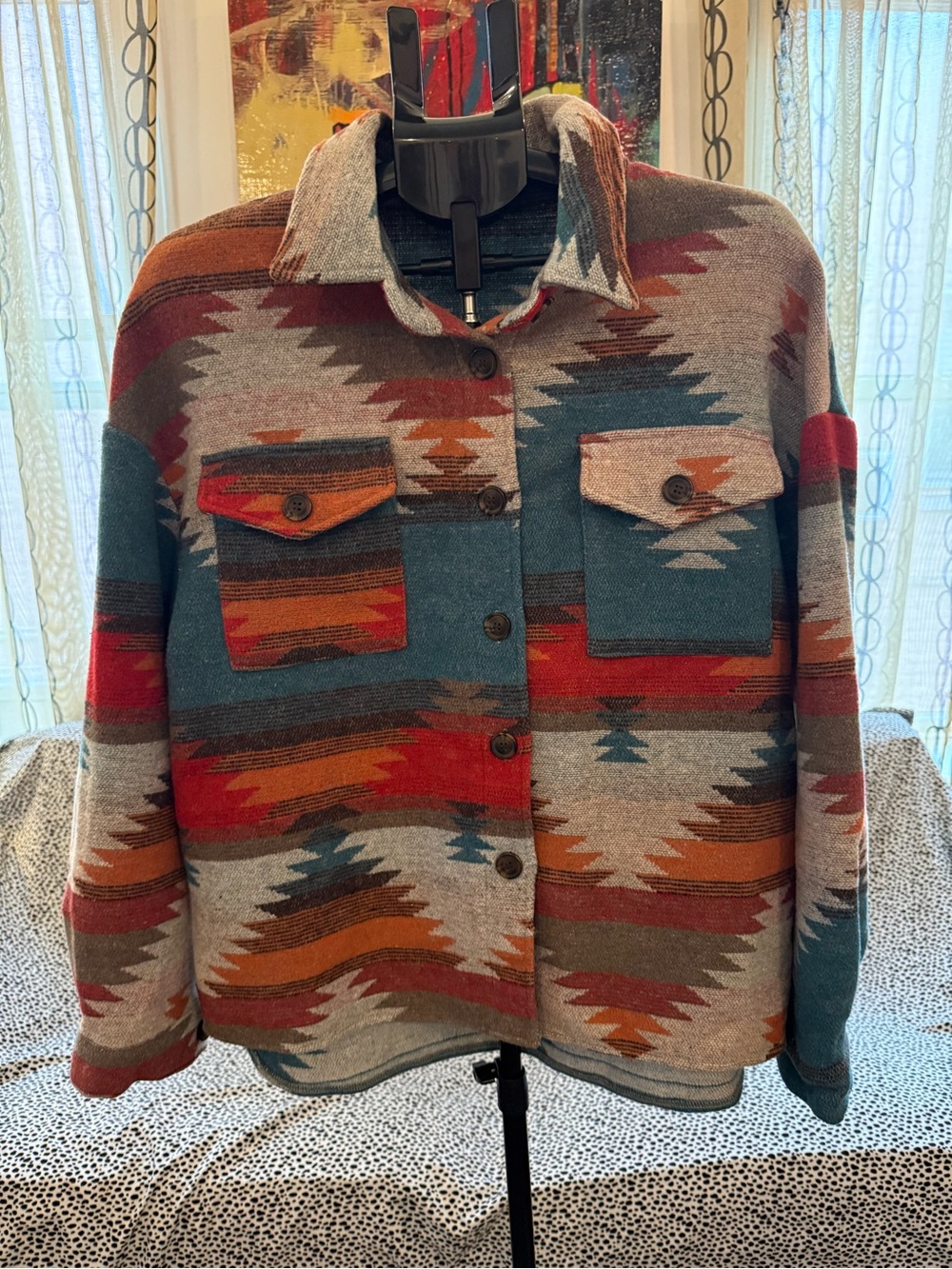 Southwestern Pattern Button-Up Shirt Jacket in Teal & Rust
